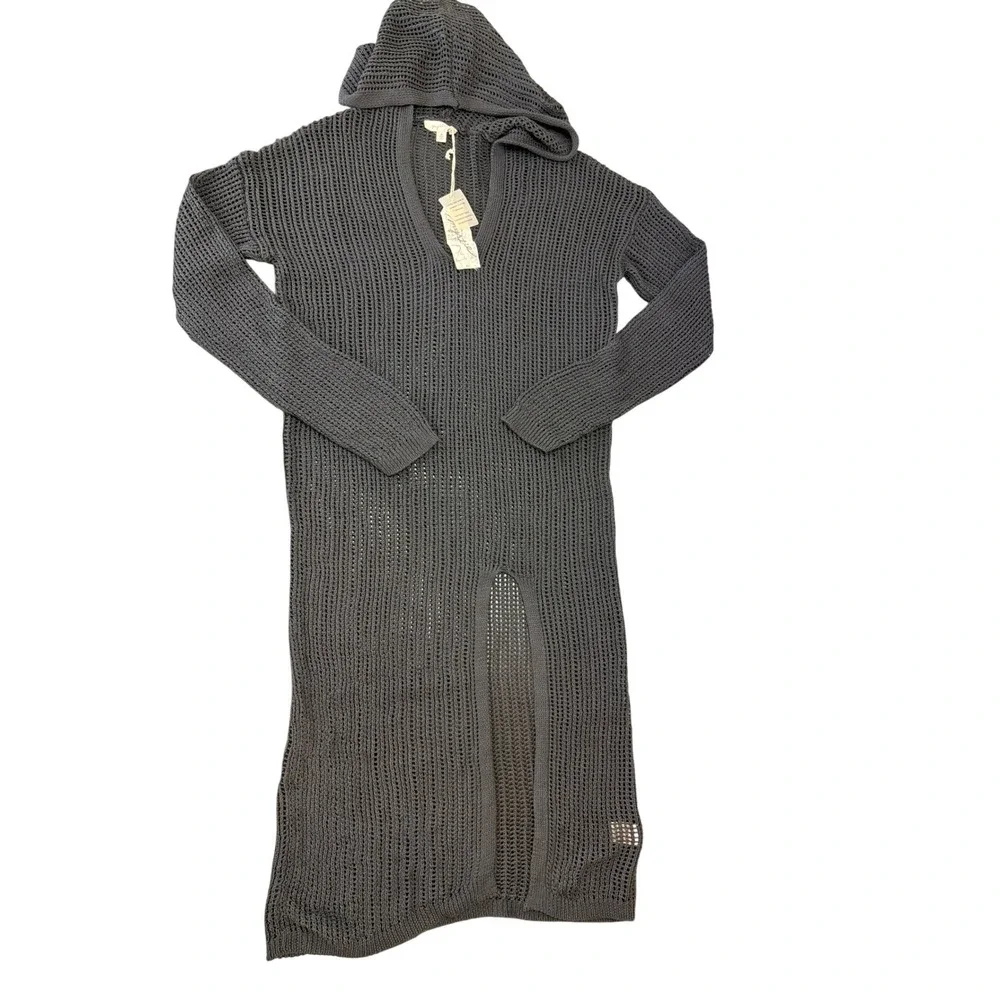 Mystree Black Open Knit Fishnet Hooded Bikini Cover Up M‎ Soft Beachy Stretchy
